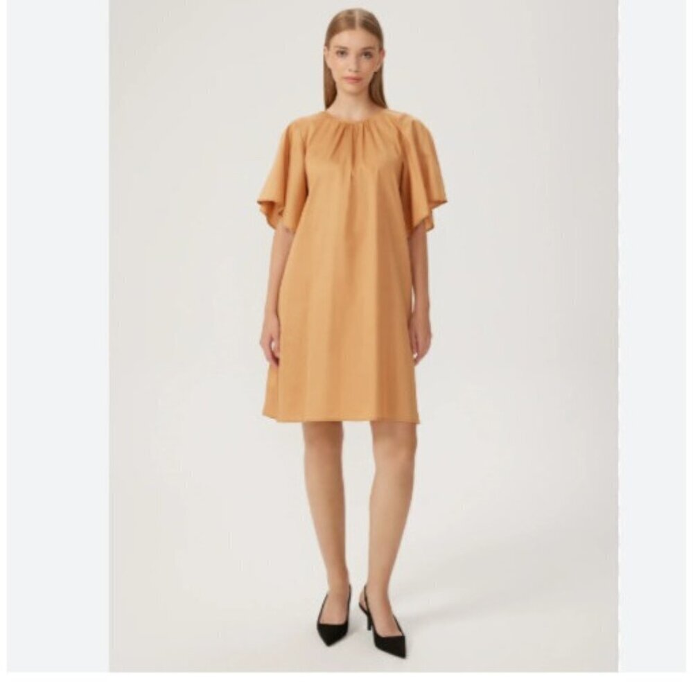 Anthropologie Agata Dress 1X Tan Cotton Clean Minimalist Midi Pockets NWT